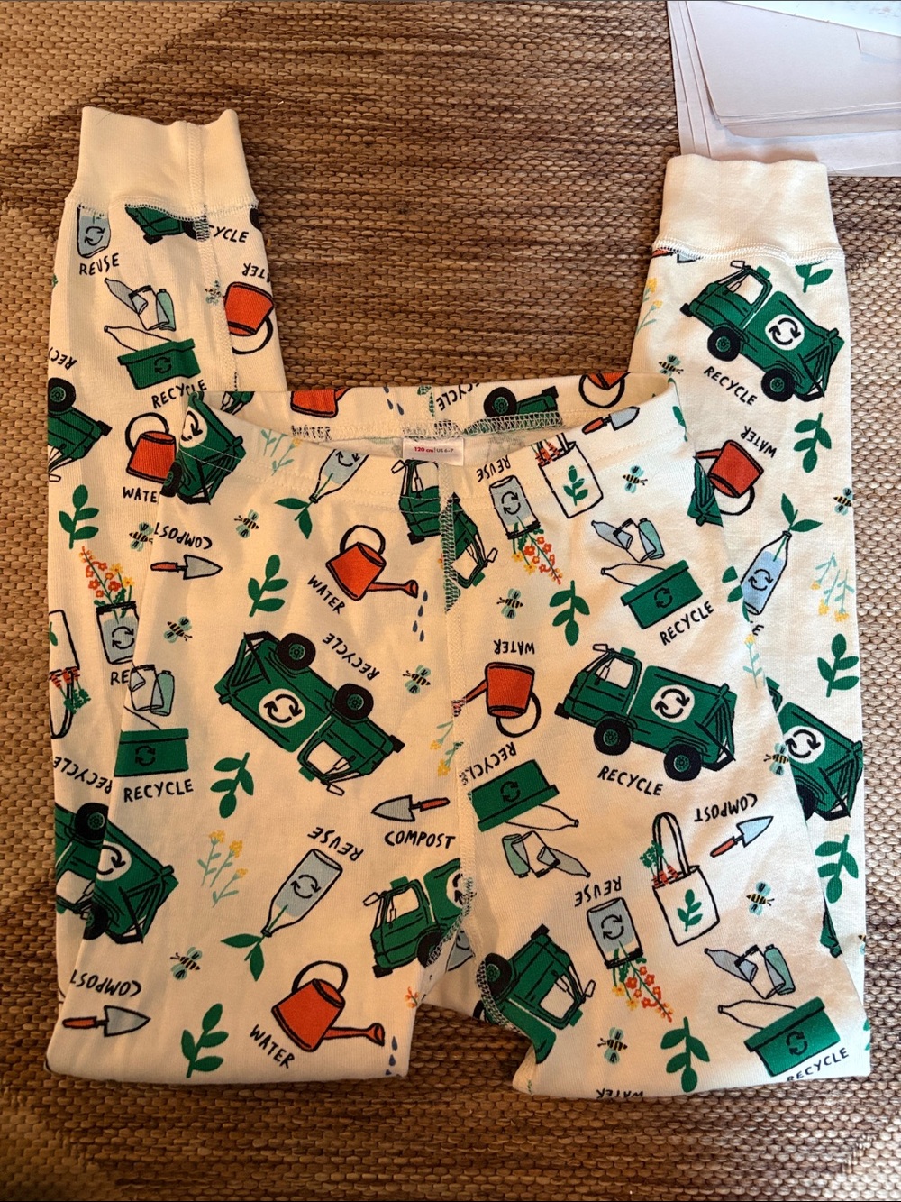 Hanna Andersson Green & Cream Recycle Truck Kids Pajama Bottoms